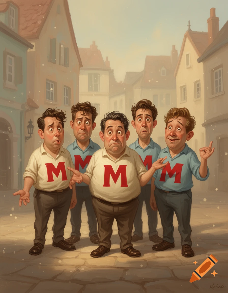 Digital illustration of five dopey-looking men standing in a European village street, each wearing a red letter M on their chests.