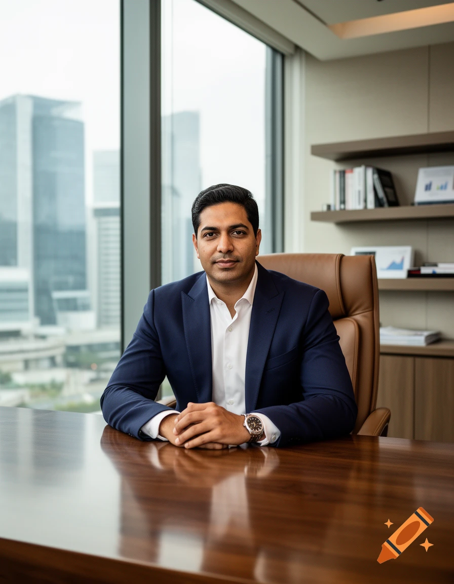 Photorealistic portrait of a CEO in a suit sitting at a wooden desk in a modern office with large windows overlooking city skyscrapers.