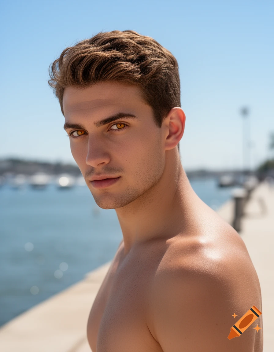 Close-up photorealistic portrait of a young man with short chestnut hair and amber eyes, bare-chested on a waterfront with a blue sky.