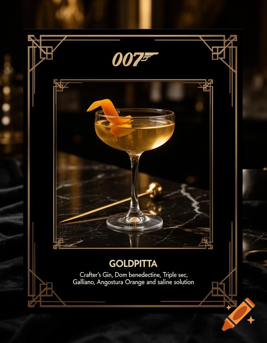 Art deco style 007 themed menu page with a golden cocktail in a coupe glass.