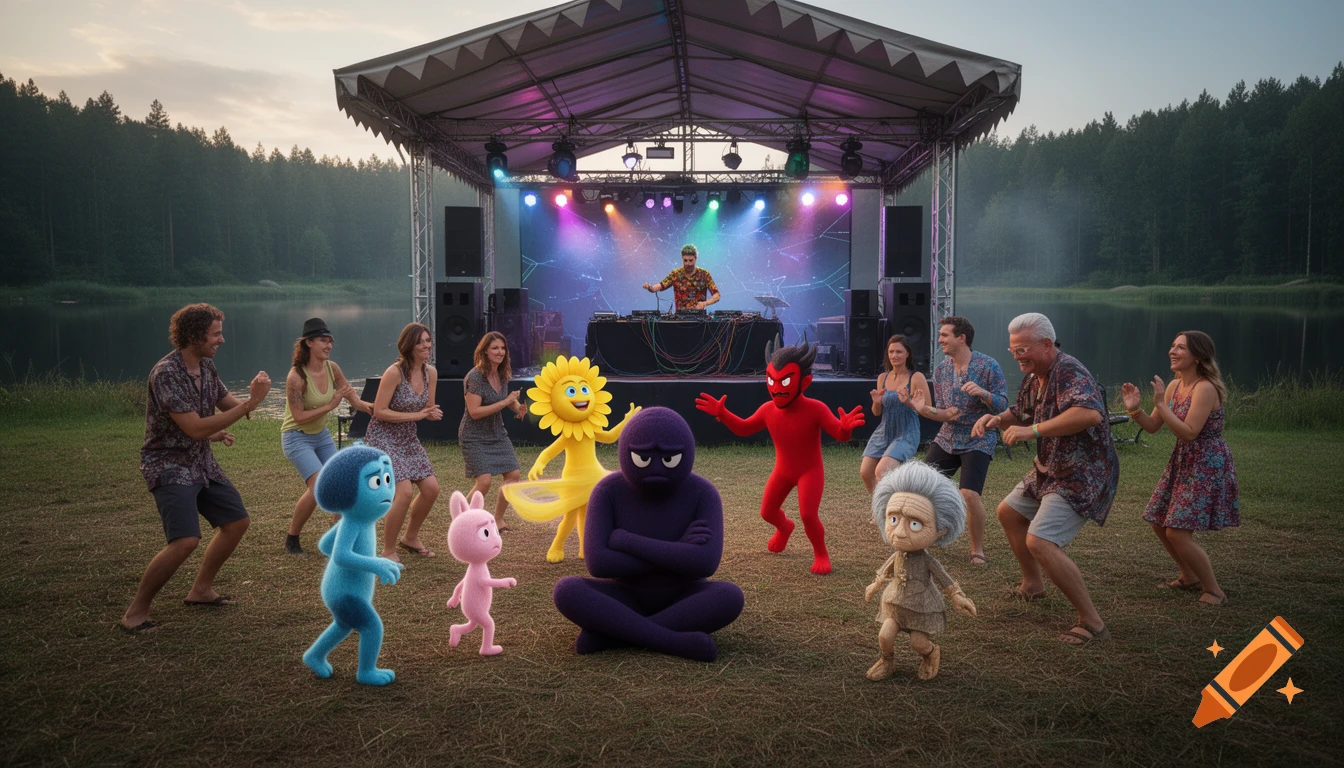 Photorealistic scene at an outdoor music festival near a lake with a stage, dancers, and surreal colorful creature embodiments of emotions.