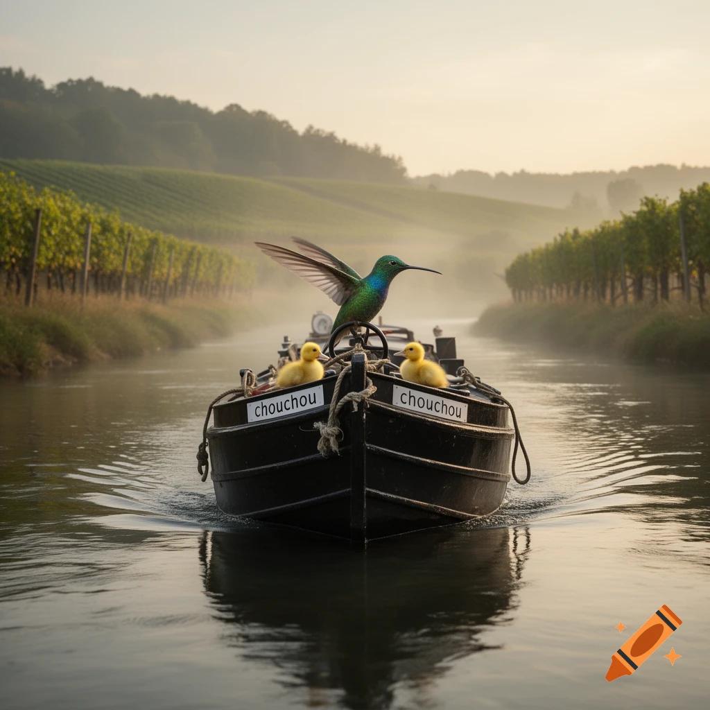 Photorealistic image of a hummingbird driving a black boat named chouchou carrying ducklings along a river bordered by vineyards at sunrise.