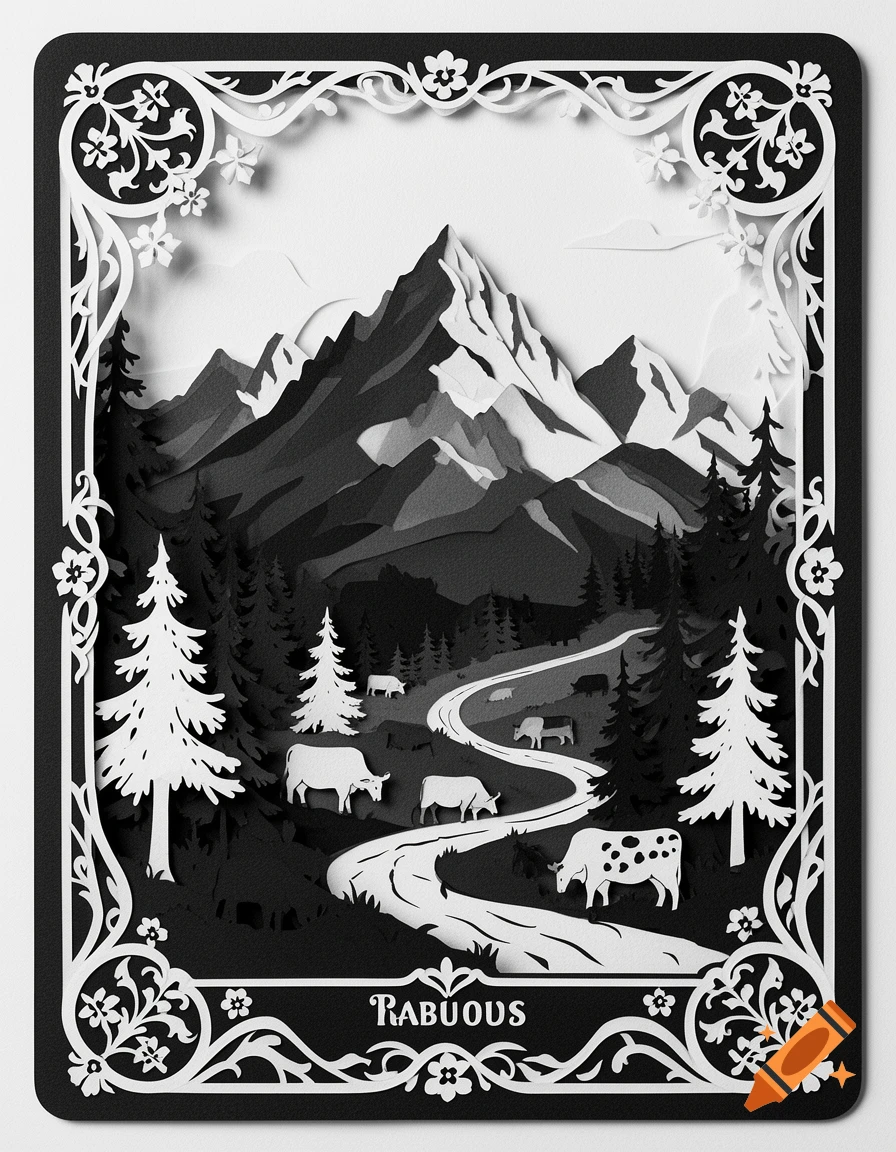 Black and white papercut art style of a mountain landscape with cows, trees, and a winding road, framed by decorative botanical borders.