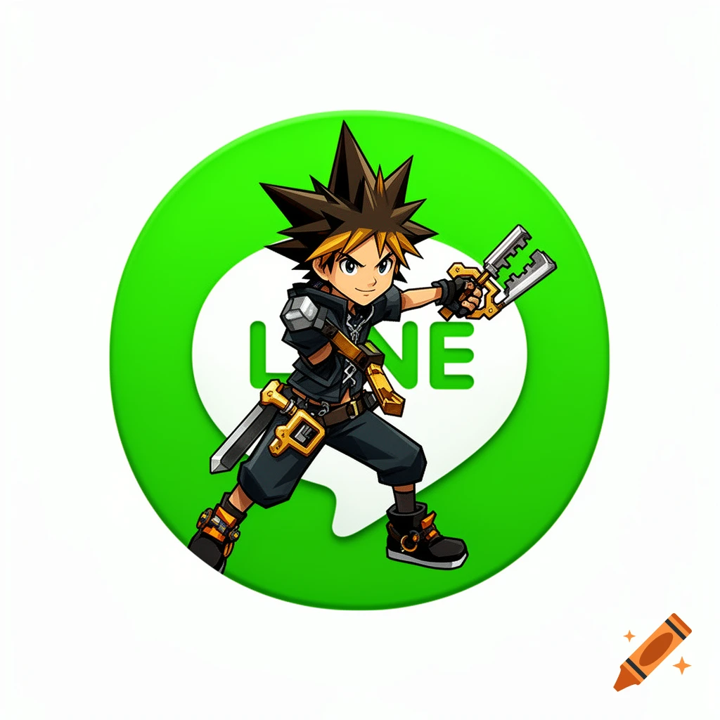 An anime style character resembling Roxas from Kingdom Hearts in front of a green Line app icon.