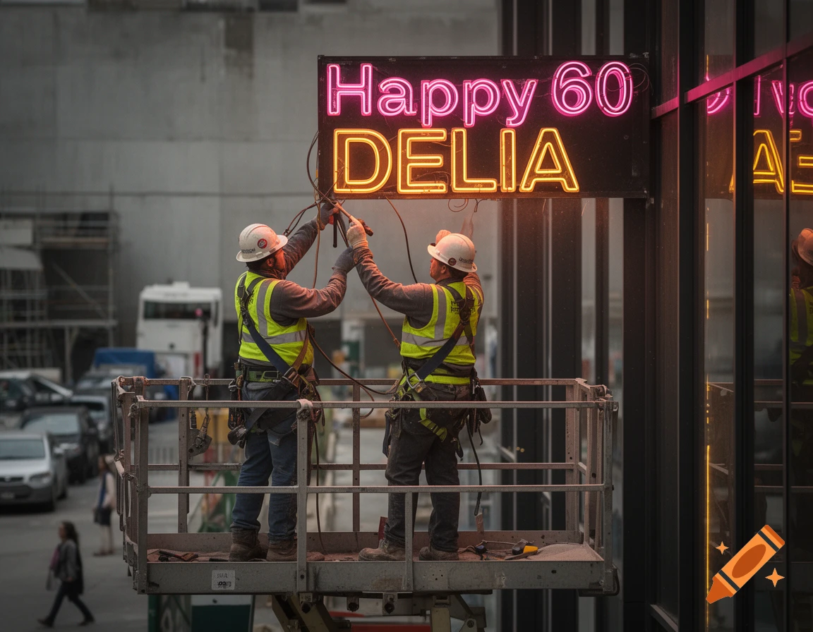 Two construction workers on a lift installing a neon sign that reads 'Happy 60 DELIA' on a building facade, photorealistic.