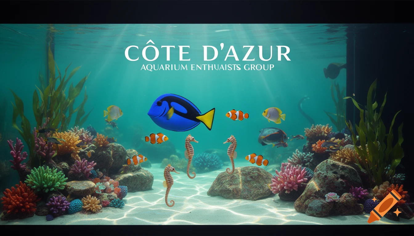 An aquarium filled with colorful tropical fish, clownfish, seahorses, and coral reef, with text reading COTE D'AZUR at the top.
