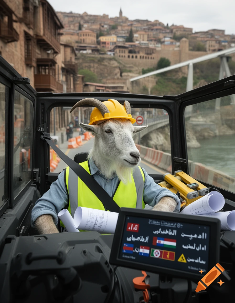 Photorealistic image of a mountain goat wearing a hard hat and safety vest, driving a vehicle with architectural blueprints.