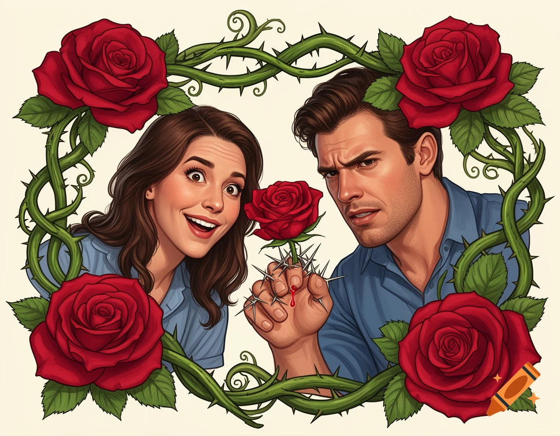 Realistic illustration of a man and woman surrounded by red roses and thorny vines, with the man holding a rose that pricks his finger.