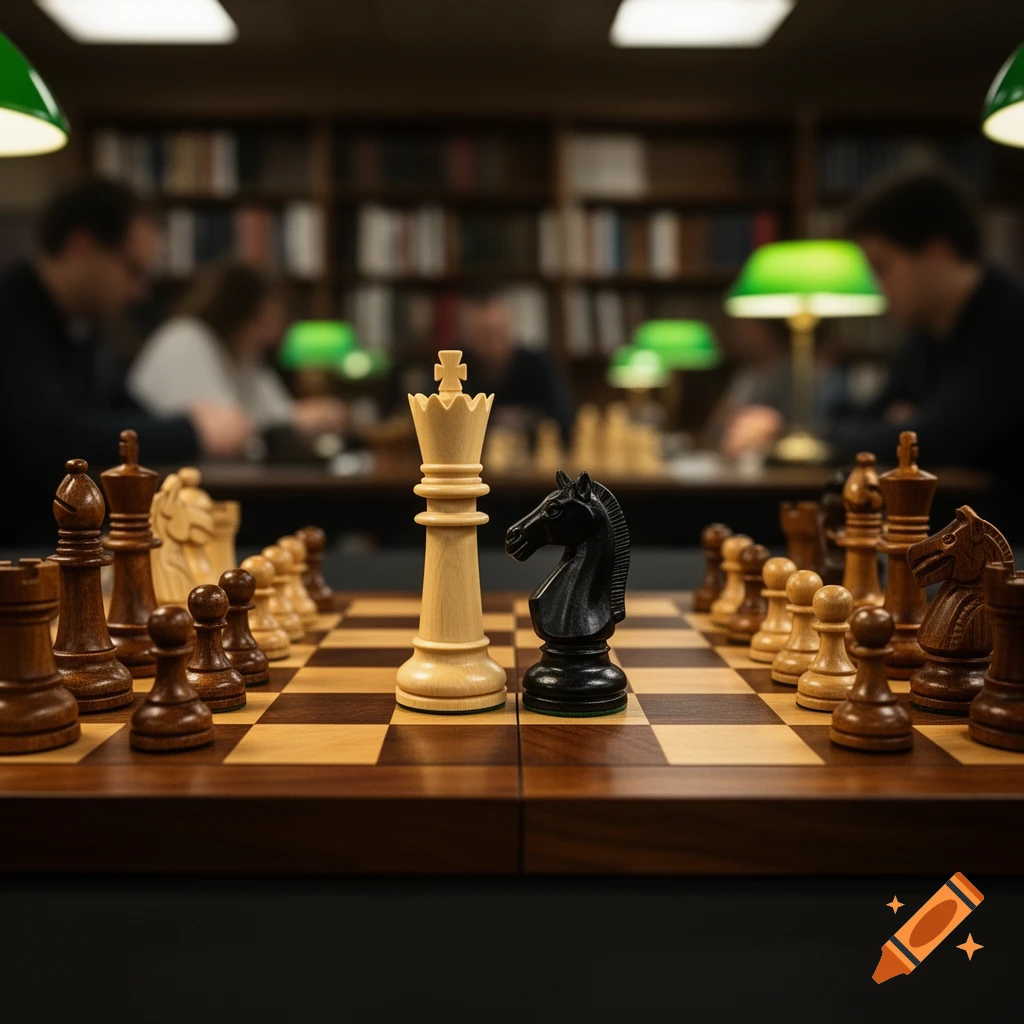 Close-up of a chess board with a white queen and black knight facing each other in a library setting.