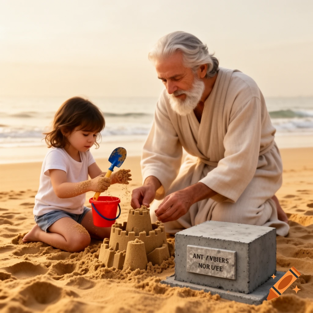 Photorealistic image of a little girl building a sandcastle with an elderly man at the beach next to a concrete block with garbled text.