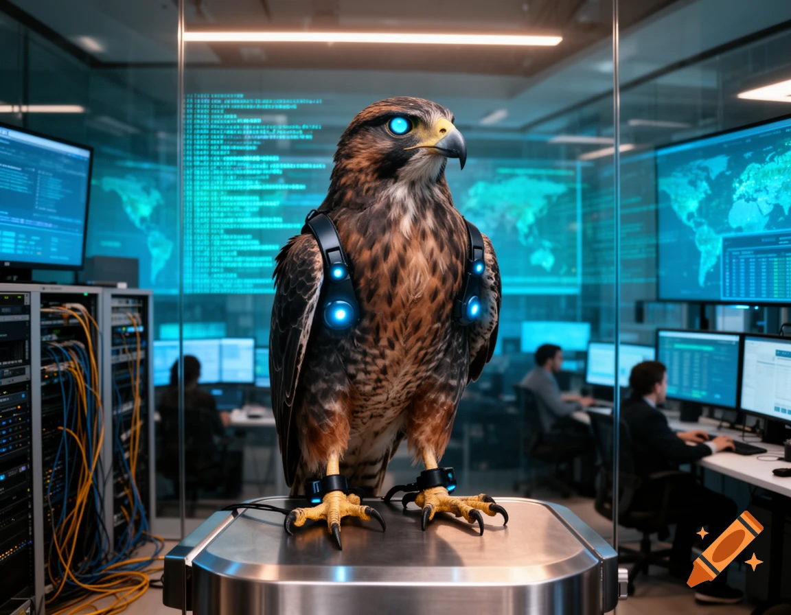 A photorealistic falcon with glowing blue eyes and cybernetic harness perched in a high-tech server room.