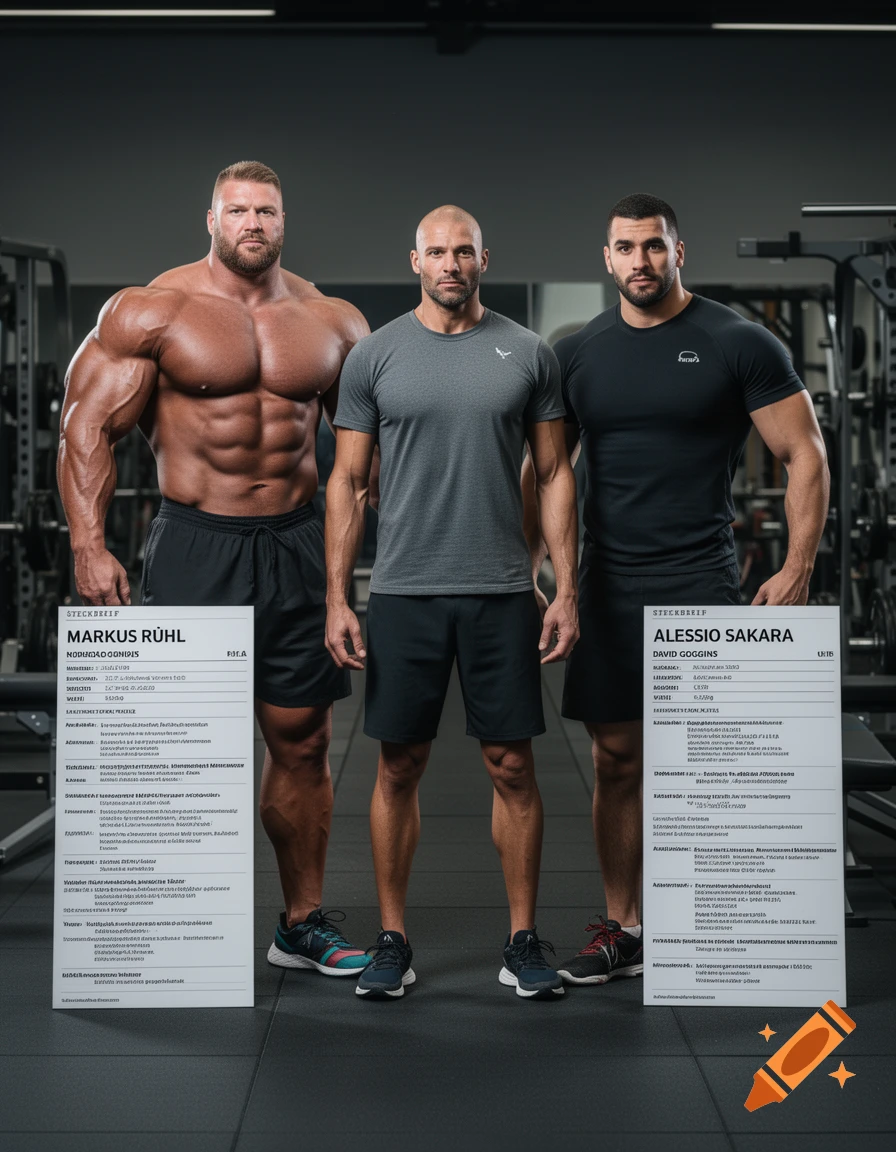 Photorealistic image of Markus Rühl, a bald man, and Alessio Sakara standing in a gym next to profile signs.