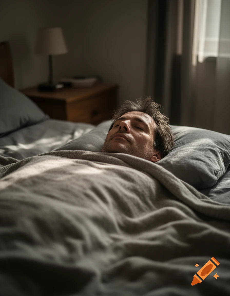 Photorealistic image of a man sleeping peacefully in bed under a blanket.