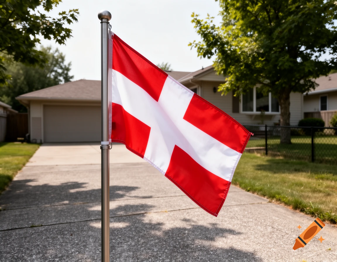 Photorealistic image of the Franconia flag on a pole in a suburban driveway.