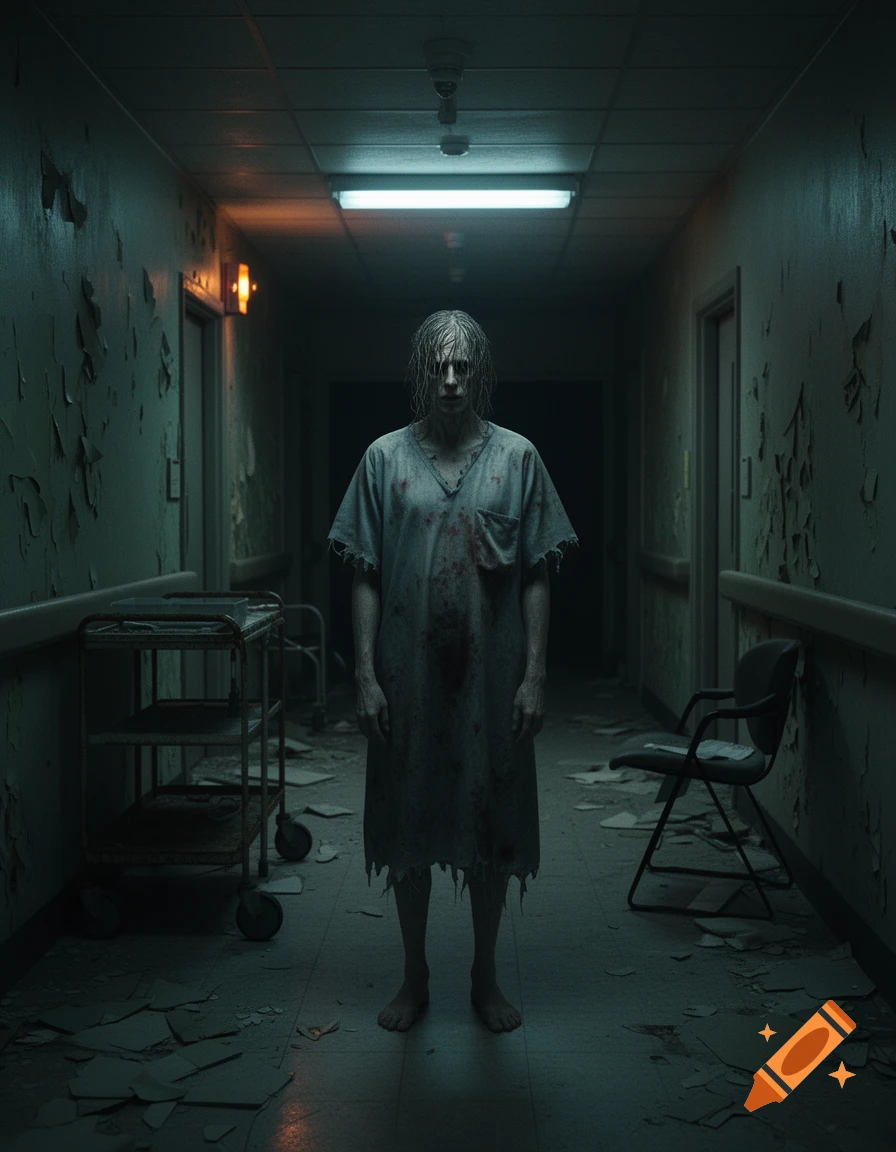 A terrifying pale figure with stringy hair standing in a dark, decaying hospital hallway, photorealistic horror style.