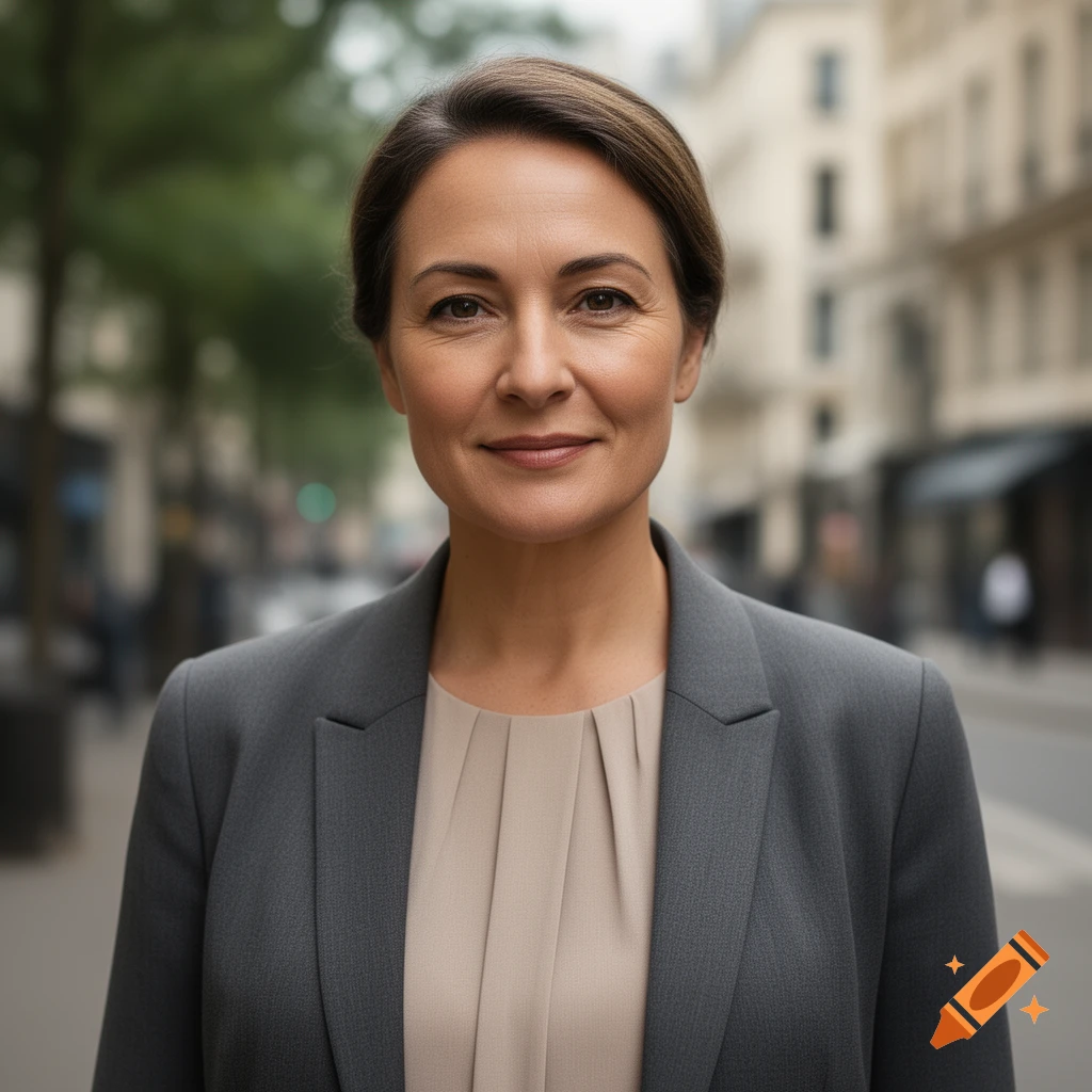 Photorealistic portrait of a middle-aged woman in a gray blazer outdoors in a city street.