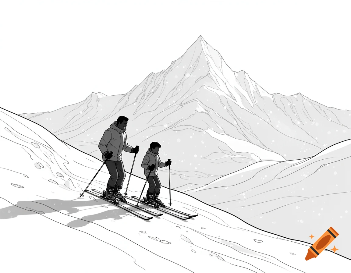Black and white line drawing of a father and son skiing up a snowy mountain slope toward a peak.