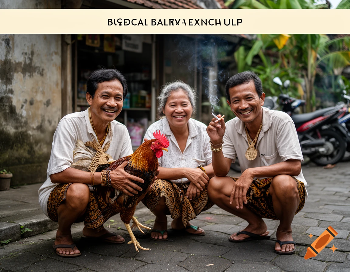 Photorealistic image of three Balinese people squatting outdoors, smiling, one smoking a cigarette and one holding a rooster.