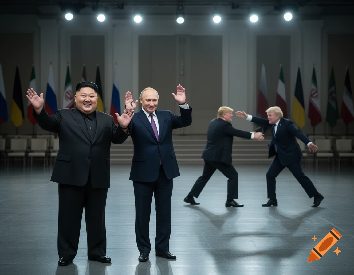 Photorealistic image of Kim Jong Un and Vladimir Putin standing in a hall while Donald Trump interacts with another version of himself in the background.