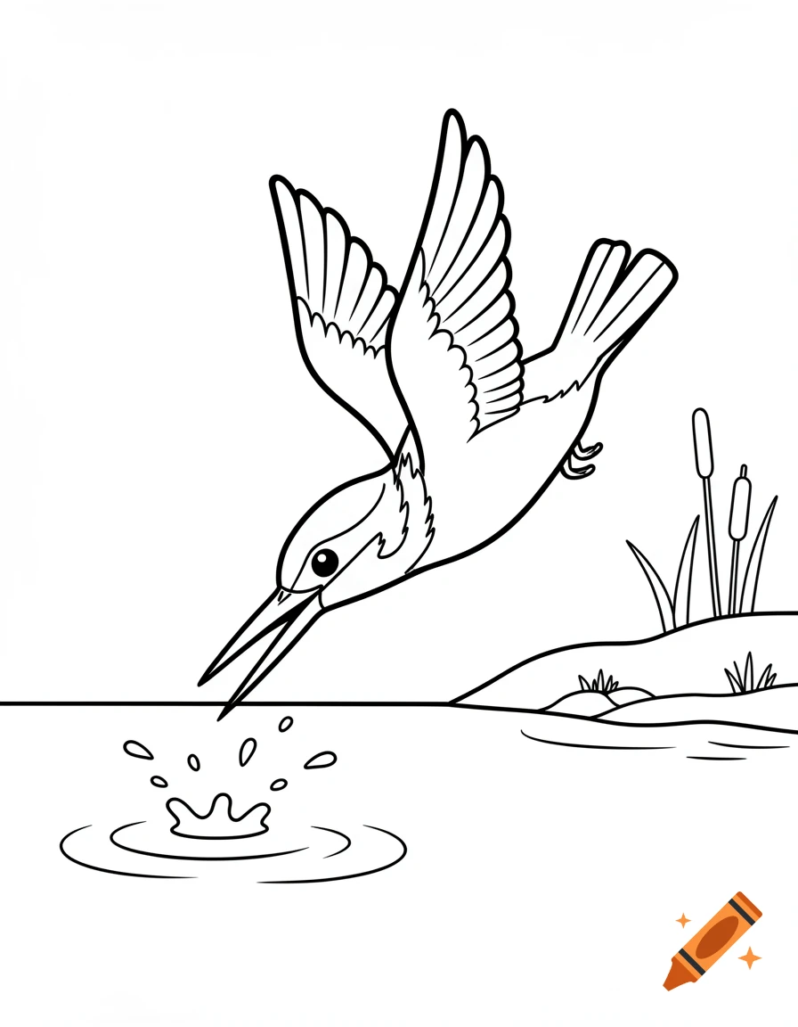 Black and white coloring page of a kingfisher diving into water to catch a fish, with reeds in the background.