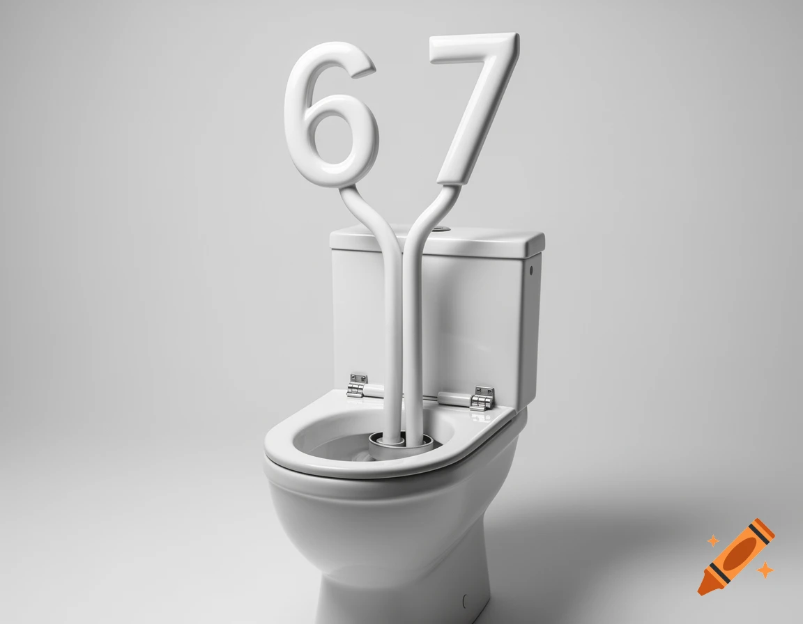 3D render of a white toilet with a split neck emerging from the bowl, topped with the numbers 6 and 7.