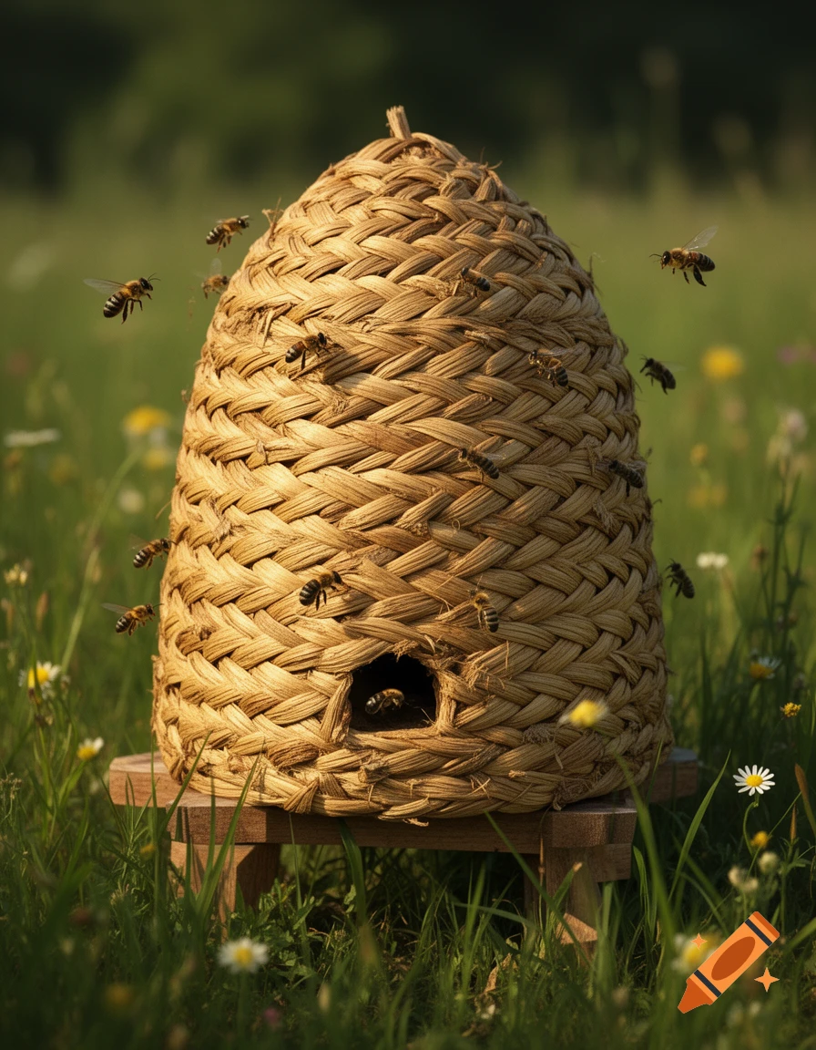 Photorealistic image of a straw beehive on a wooden stand in a meadow, surrounded by flying bees and wildflowers.