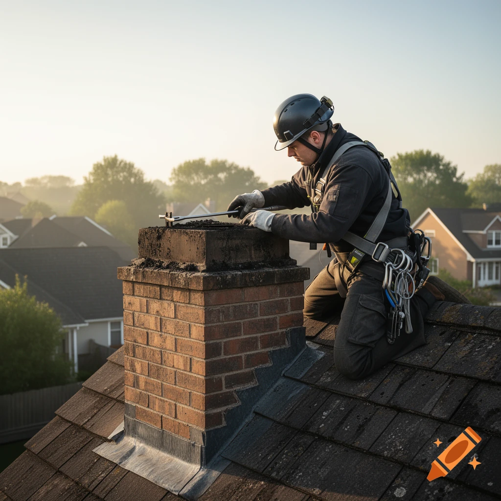 Photorealistic image of a chimney sweep in safety gear cleaning a brick chimney on a rooftop.