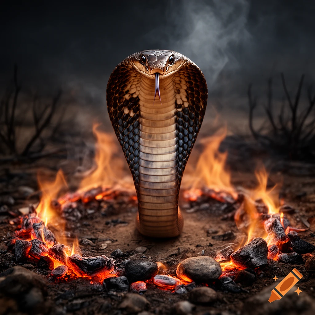 Photorealistic cobra snake with its hood flared, standing in the middle of a burning circle of charcoal and fire.