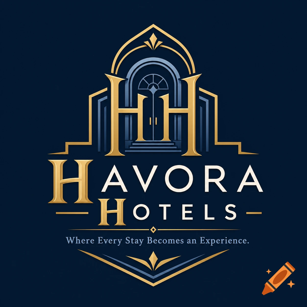 Luxury hotel logo for Havora Hotels in gold and navy blue, featuring an ornate architectural arch and elegant typography.
