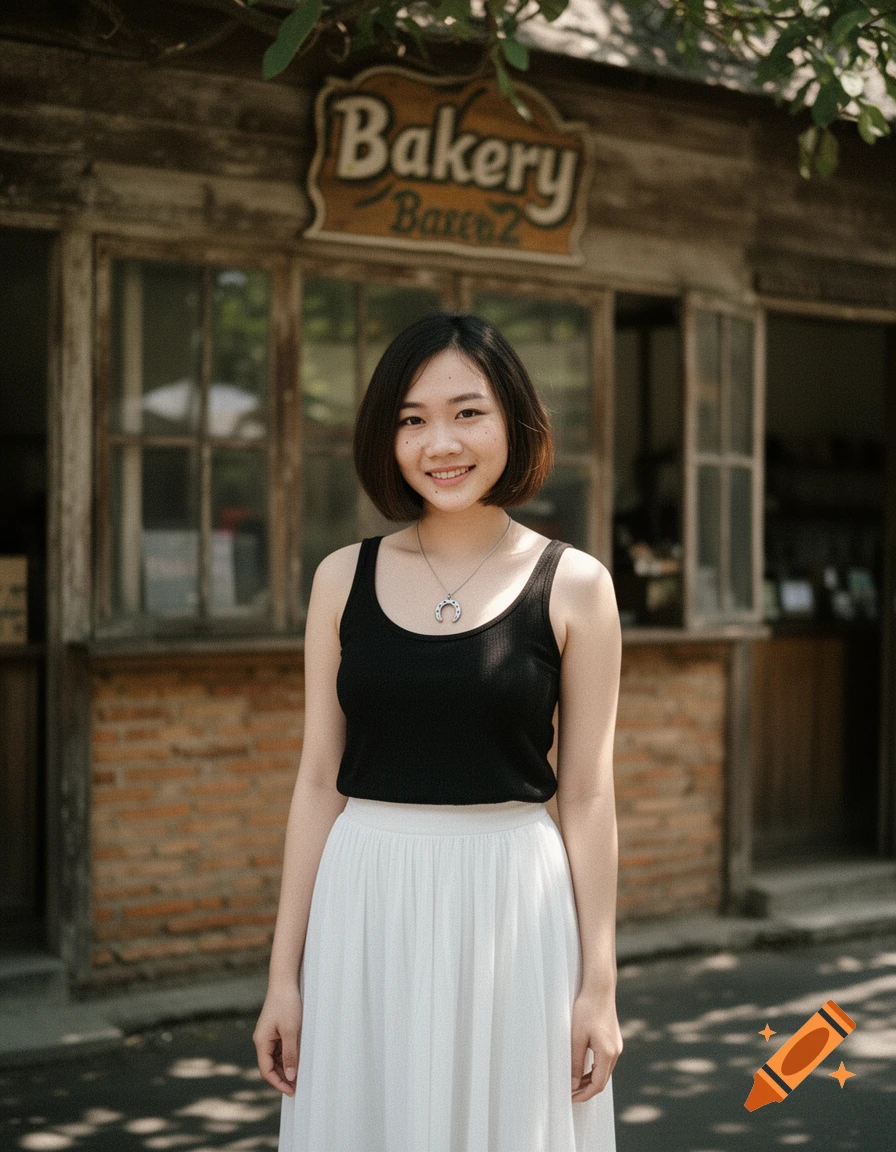 Candid photo of an Indonesian woman with short dark hair in front of a rustic bakery storefront, wearing a black top and white skirt.