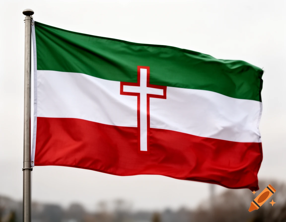 A waving flag with green, white, and red horizontal stripes featuring a white Christian cross in the center.