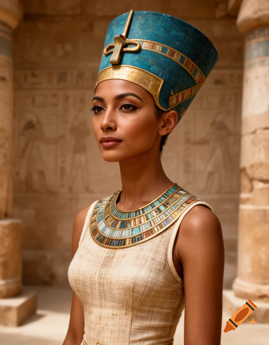 Photorealistic portrait of Queen Nefertiti in an ancient Egyptian temple setting, wearing a traditional blue crown and beaded collar.