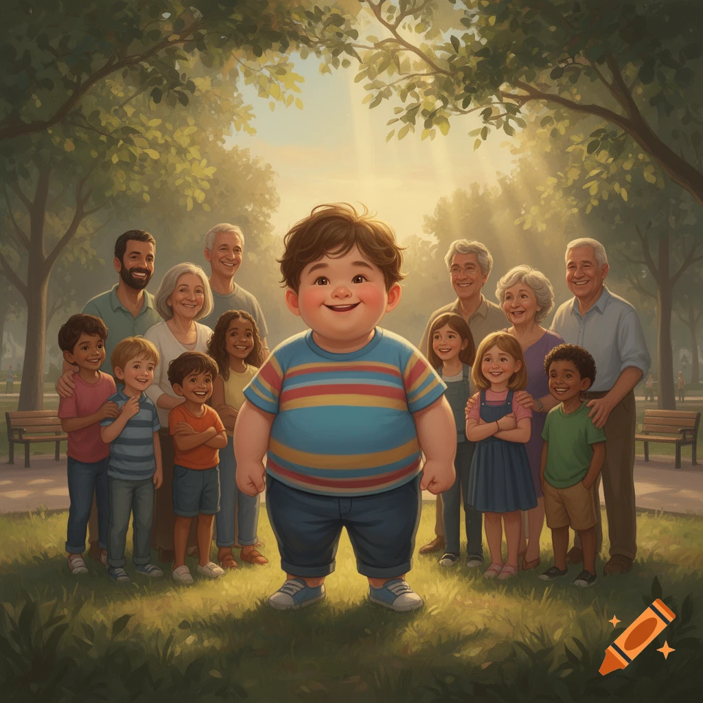 Illustration of a smiling chubby boy in a striped shirt standing in the foreground, surrounded by a large family in a sunlit park.