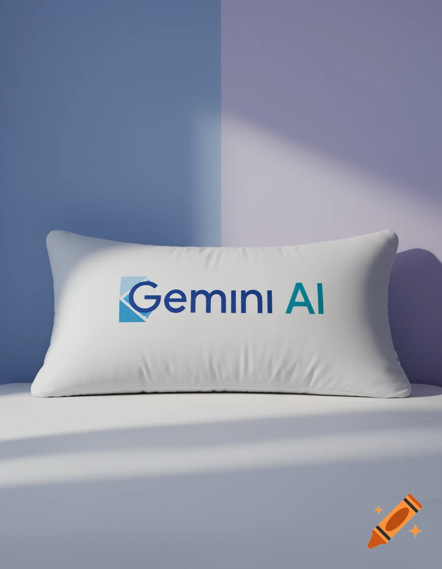 A white body pillow featuring the Gemini AI logo resting on a surface against a blue and purple wall.