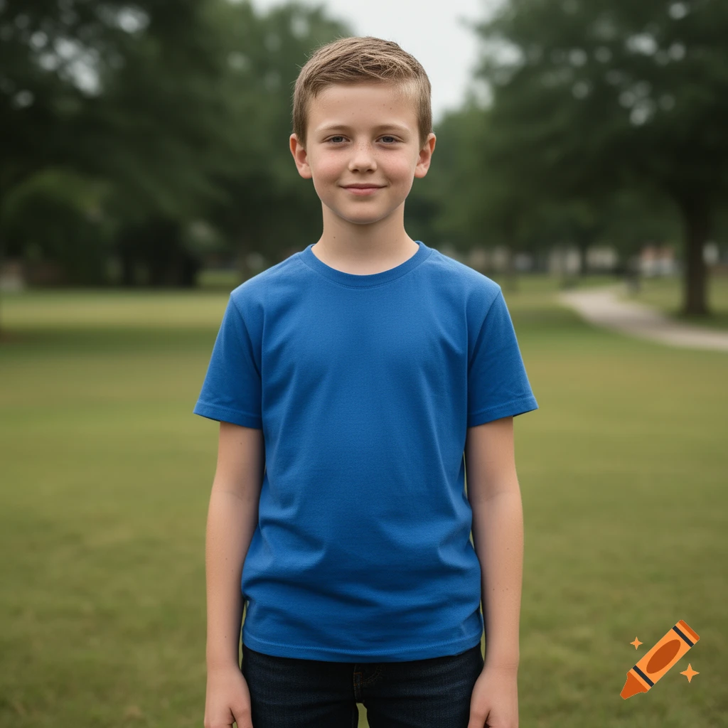 Photorealistic portrait of a young boy in a blue t-shirt standing in a park.