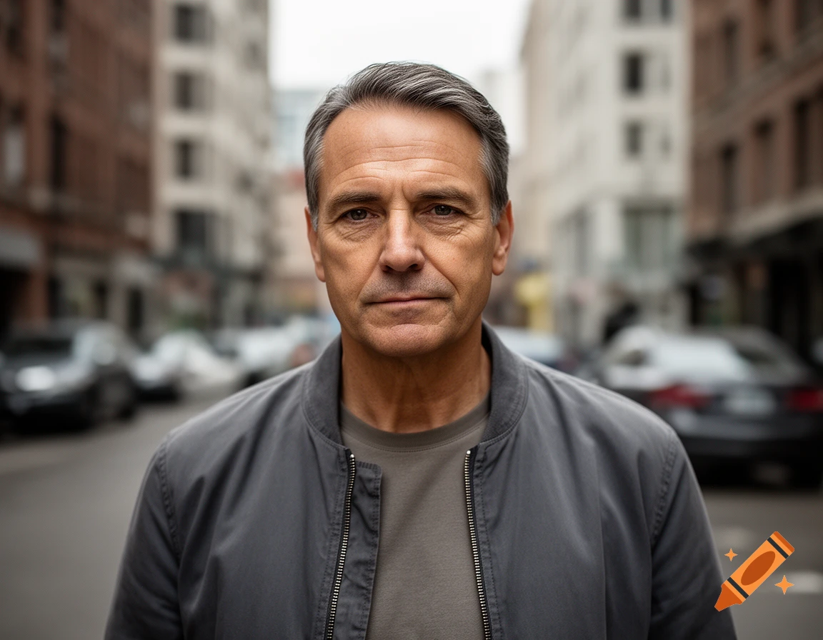Photorealistic medium shot of a middle-aged man with graying hair standing on a city street.