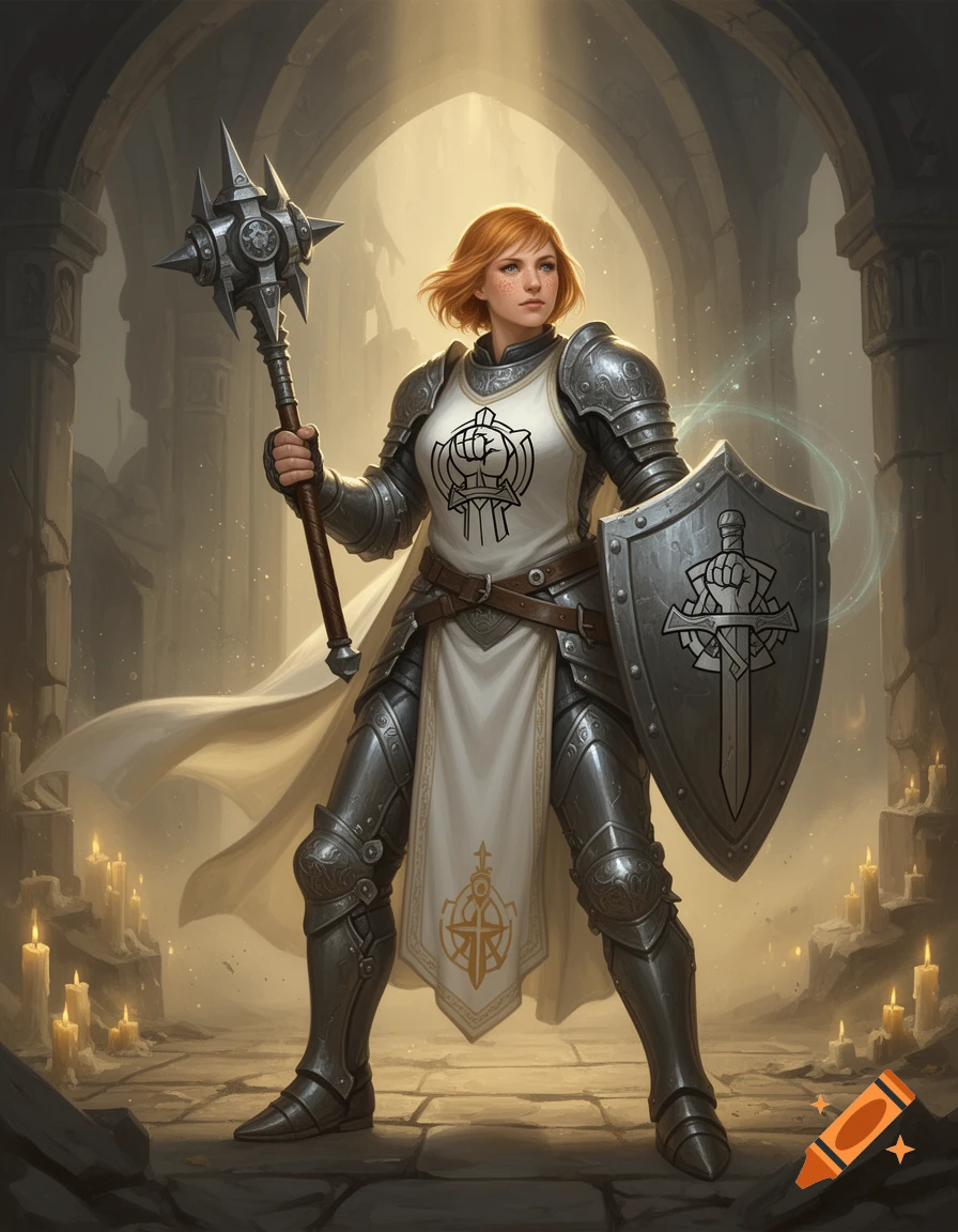 Digital illustration of a female D&D cleric in plate armor holding a mace and shield inside a stone stone hall.