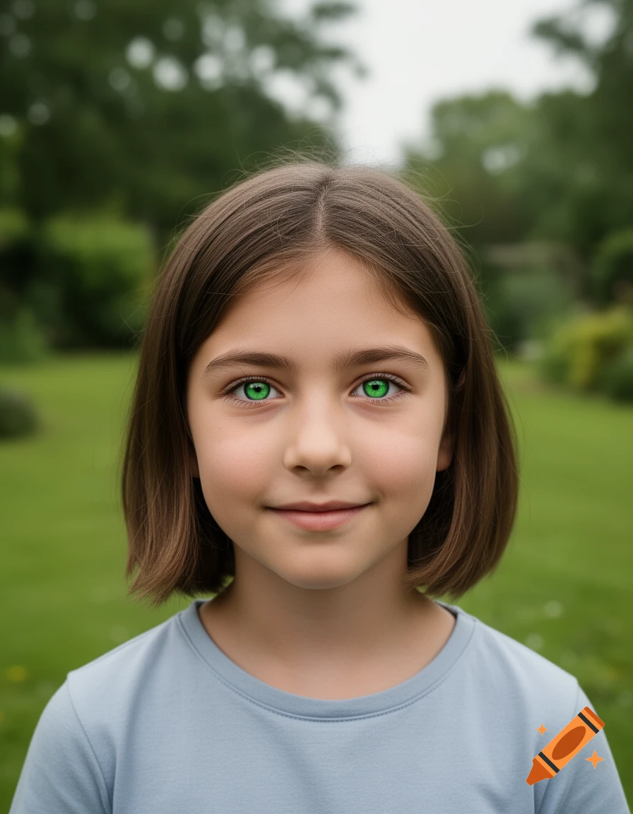 Close-up portrait of a young girl with shoulder-length brown hair and vibrant green eyes, wearing a light blue t-shirt outdoors.