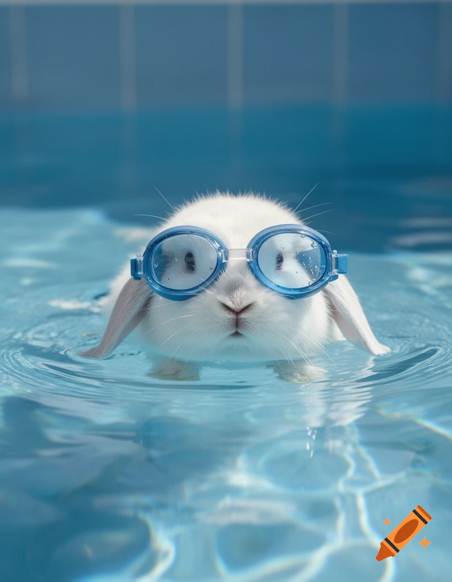 Close-up photograph of a small white rabbit wearing blue swimming goggles while floating in a swimming pool.