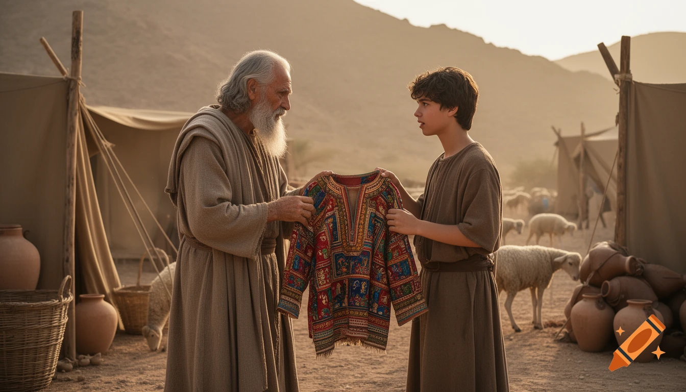Cinematic film still of an elderly patriarch gifting a multicolored ornate tunic to a young boy in a pastoral campsite.