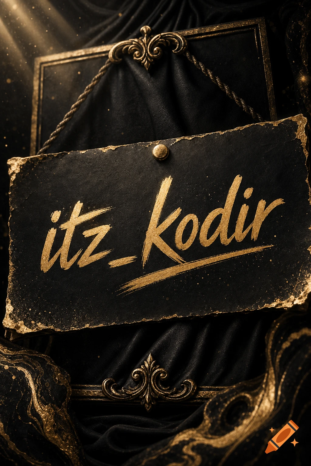 A dark, ornate sign with gold brush lettering reading 'itz_kodir' hanging against a draped background.