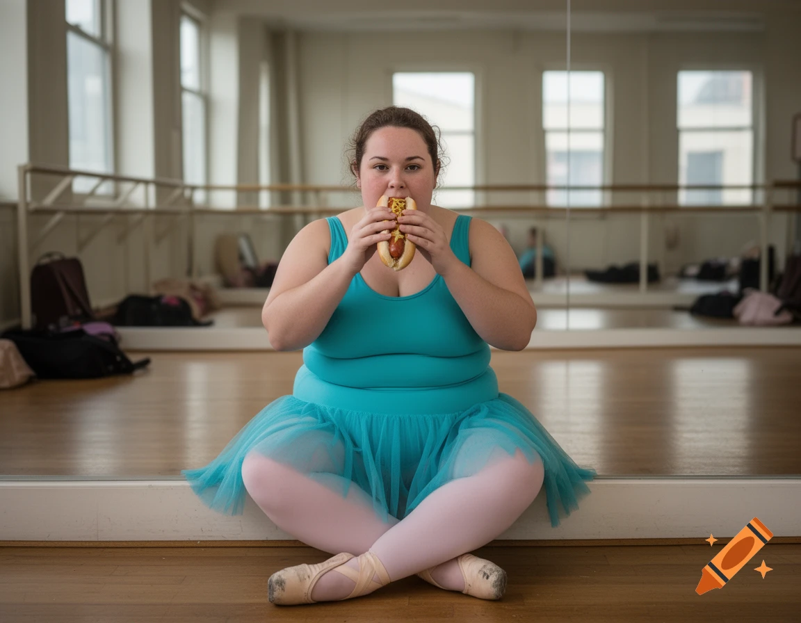 A plus-size ballerina in a turquoise tutu sitting cross-legged on a wooden floor in a dance studio while eating a hot dog.