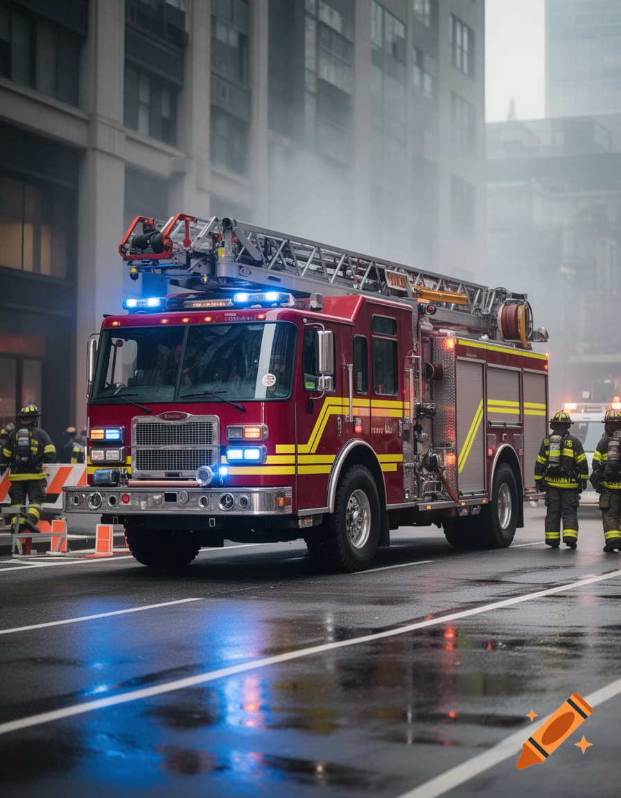 Photorealistic image of a red fire truck on a wet city street with firefighters standing nearby in the fog.