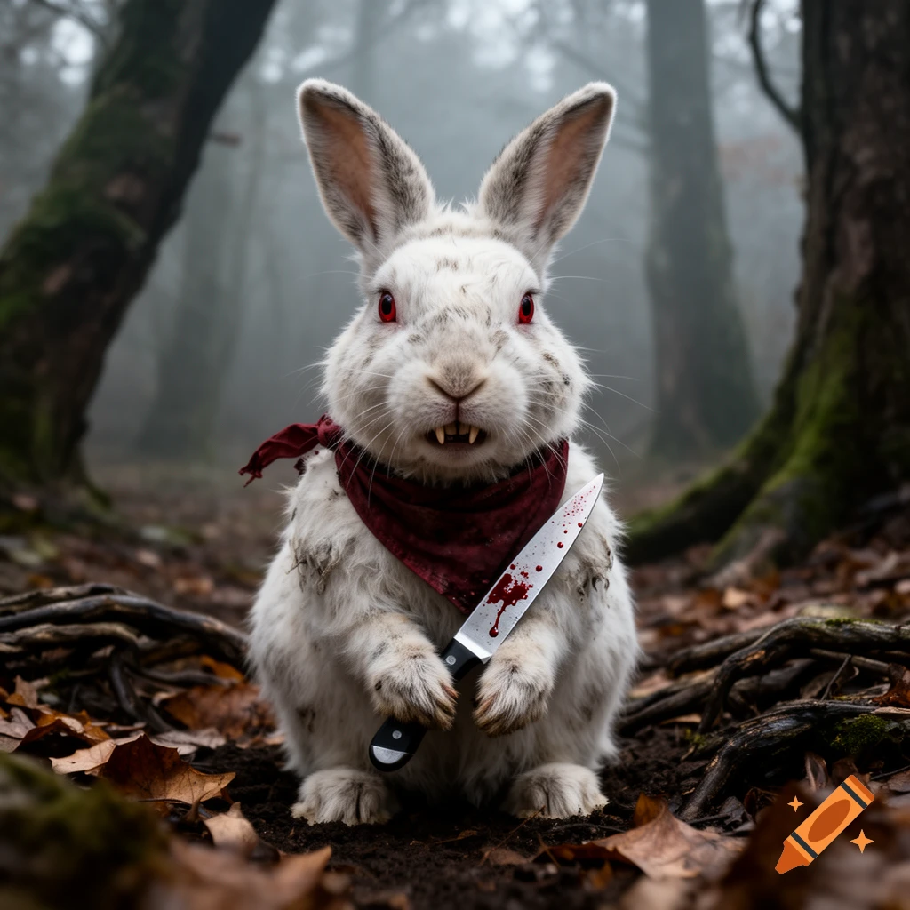 Photorealistic image of a menacing white rabbit with red eyes and sharp fangs holding a bloody knife in a foggy forest.