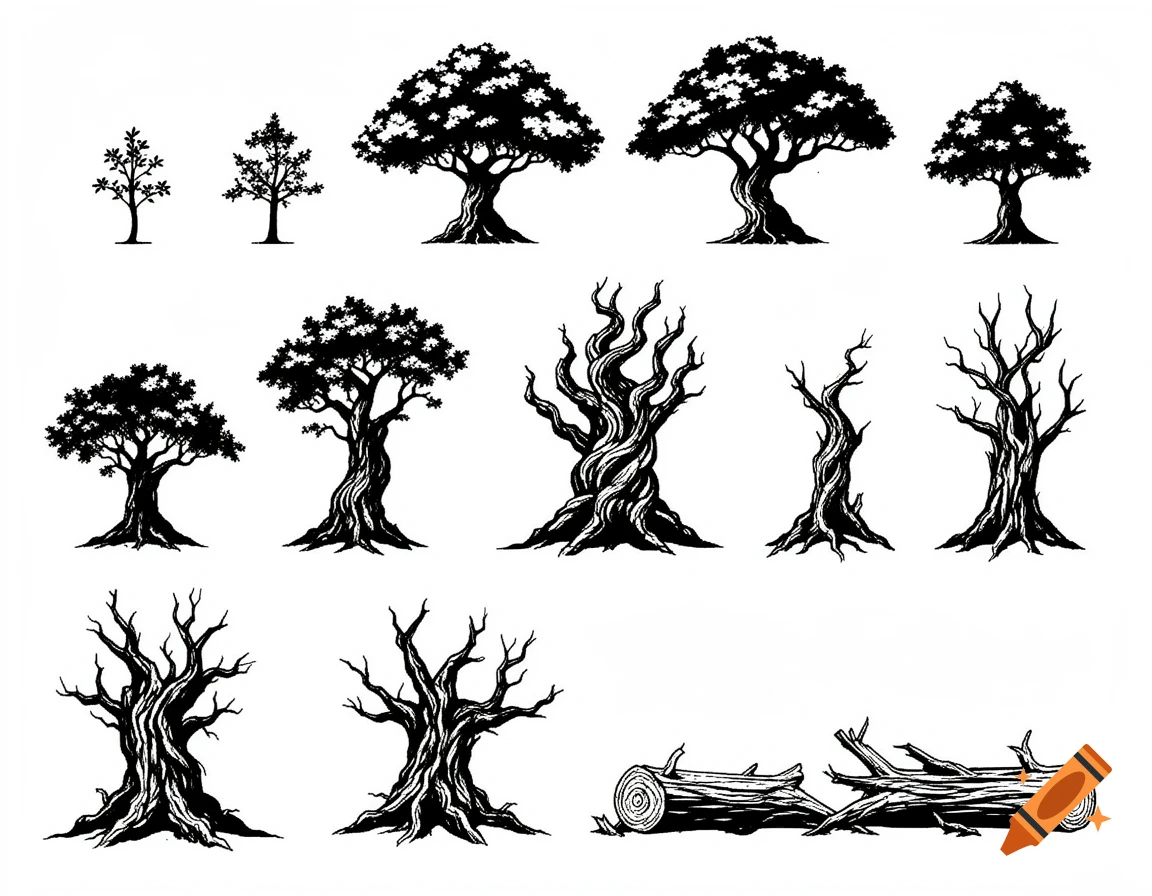 Monochromatic line art sprite sheet of various trees and logs in a video game style.