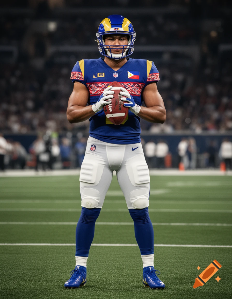 Photorealistic image of a football player in a blue and yellow Rams uniform standing on a field.