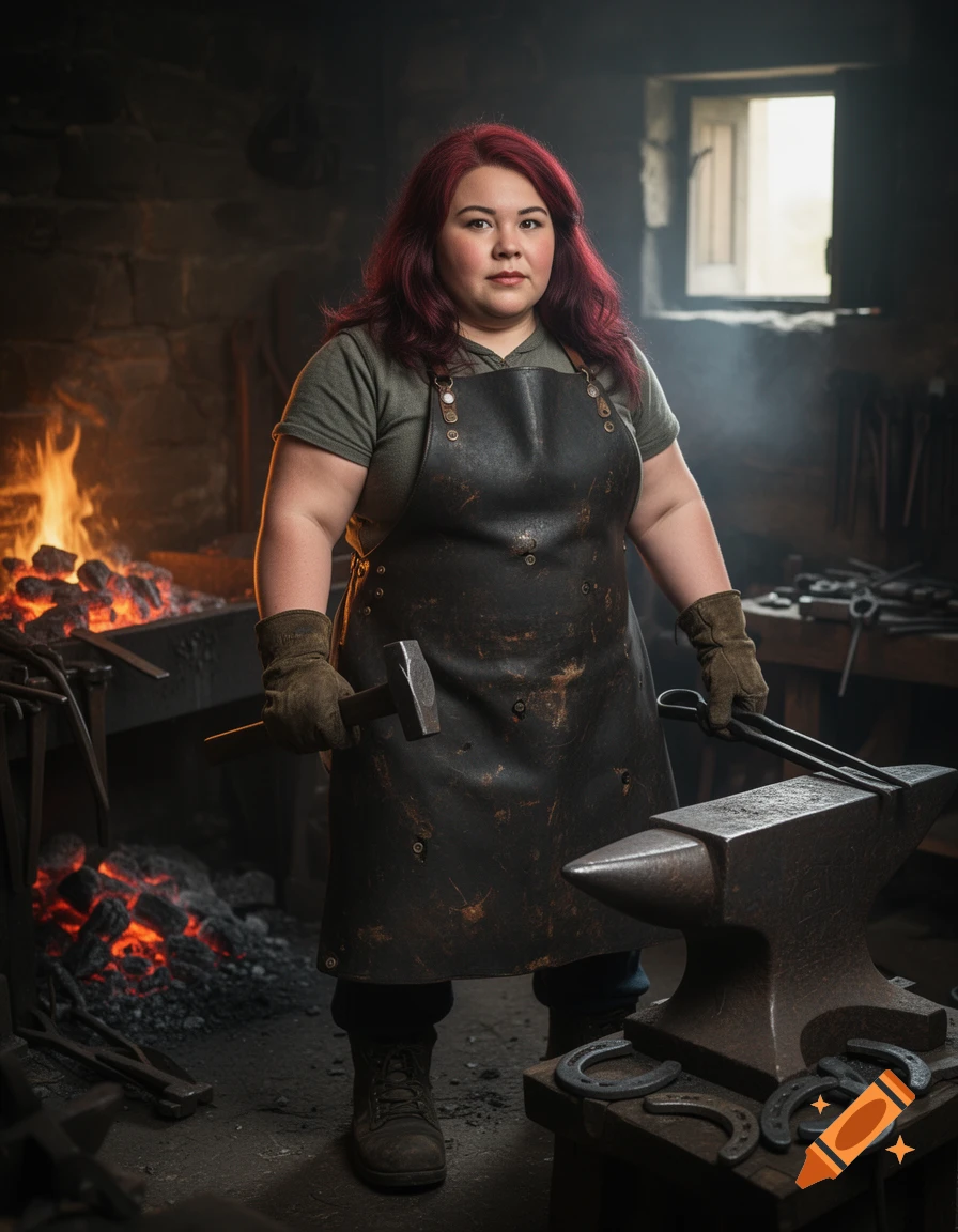 Photorealistic portrait of a curvy female dwarf with dark red hair in a blacksmith apron holding a hammer in a forge workshop.