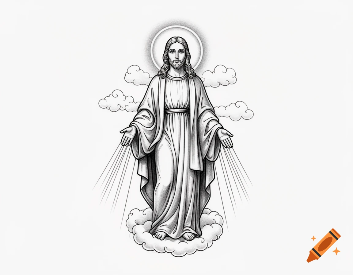 Black and white line art illustration of a divine figure with a halo, arms outstretched, standing on clouds with emanating light rays.