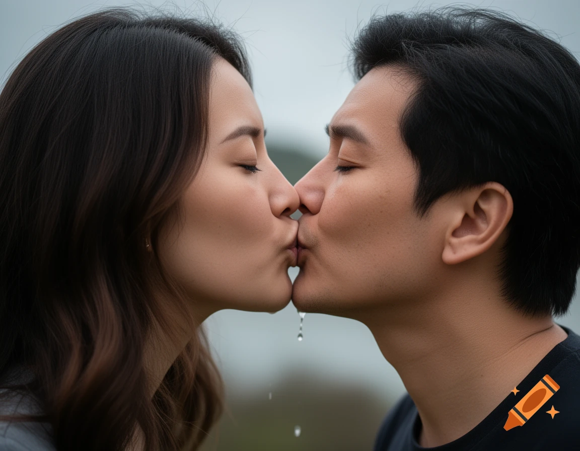 Close-up photorealistic portrait of an Asian couple kissing with eyes closed, water droplets visible.