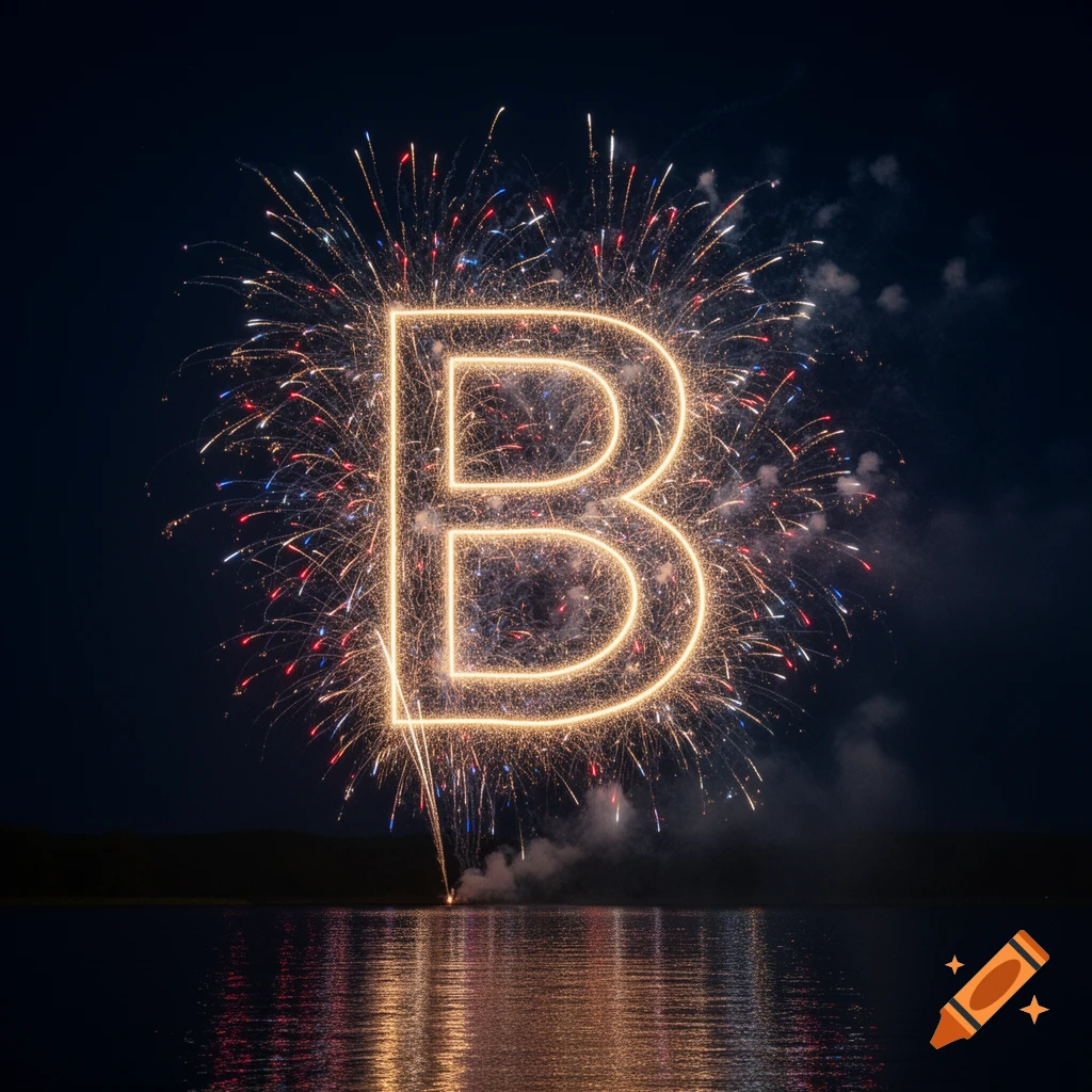 A large letter B formed by bright fireworks over a dark body of water reflecting the light.